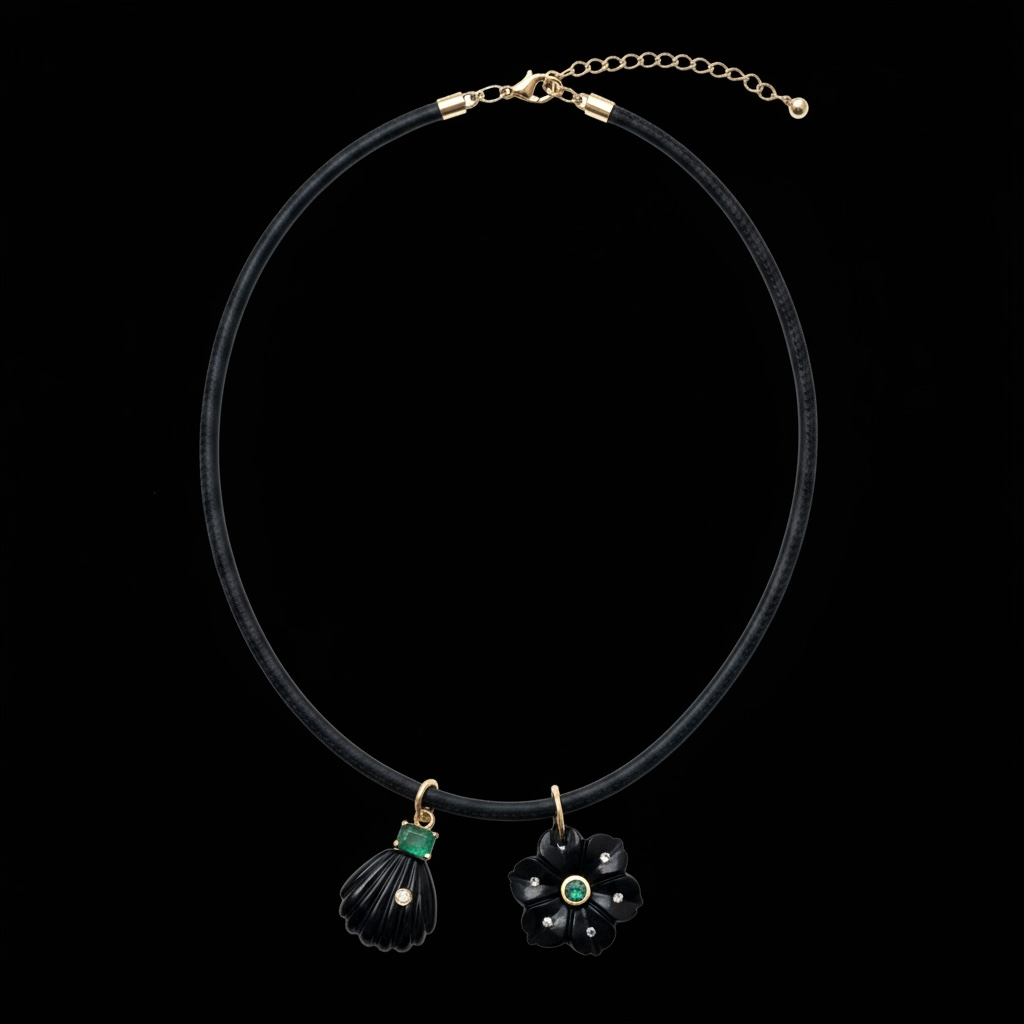 Black Onyx Sea Shell with Diamond, Emerald & 14k Gold