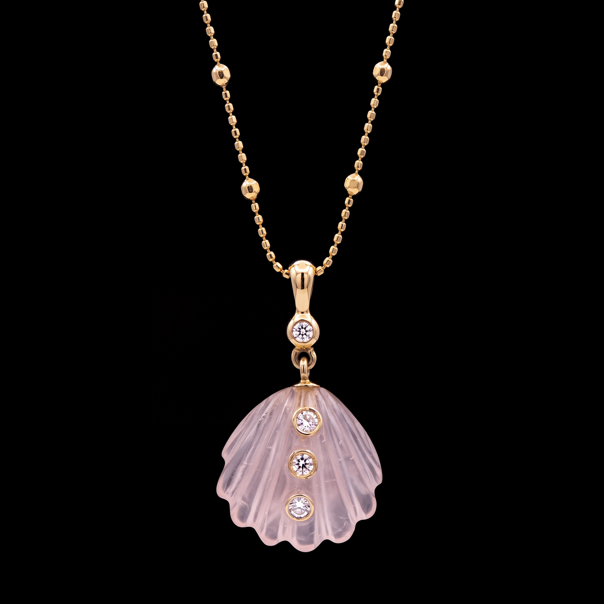 Rose Quartz Shell Necklace with Diamonds & 14k Gold