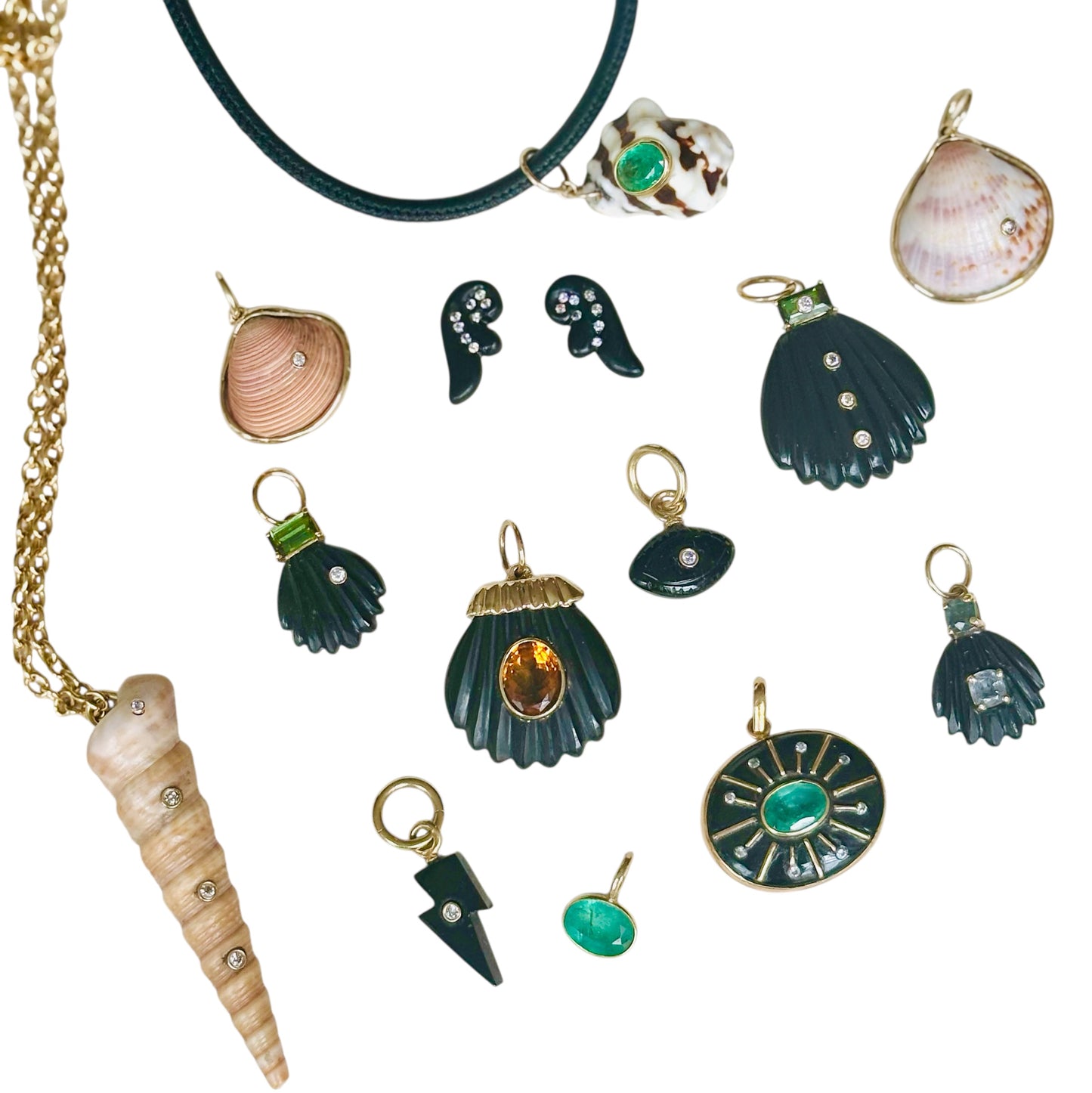 Sea Shell Pendant, Black Onyx with Spinels