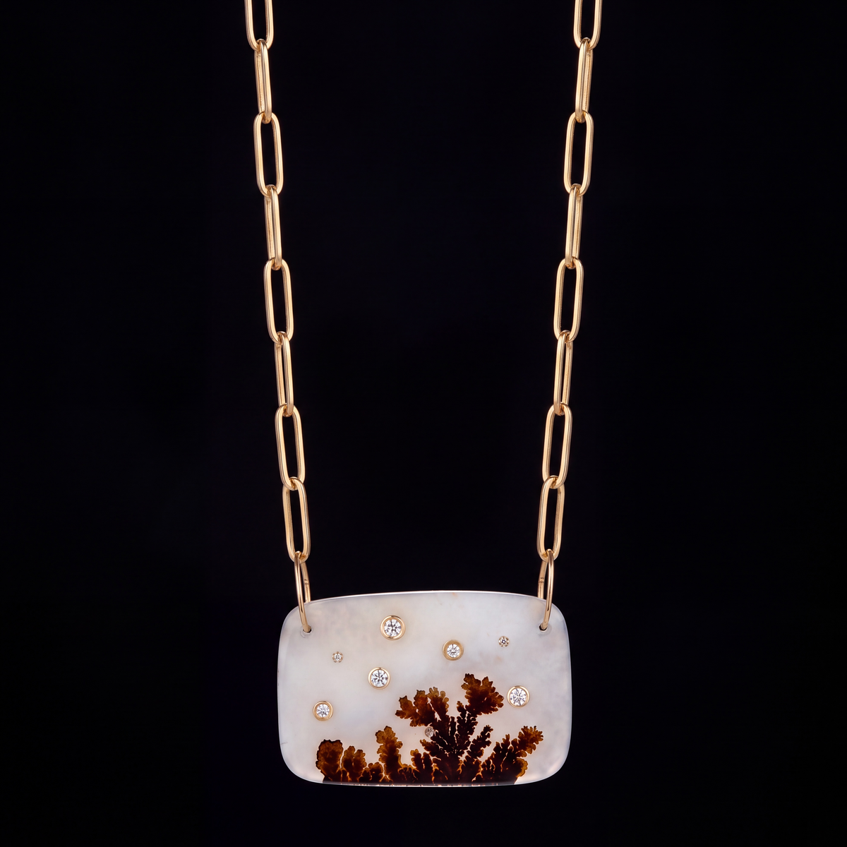 Dendritic Agate Necklace with Diamonds & 14k Gold