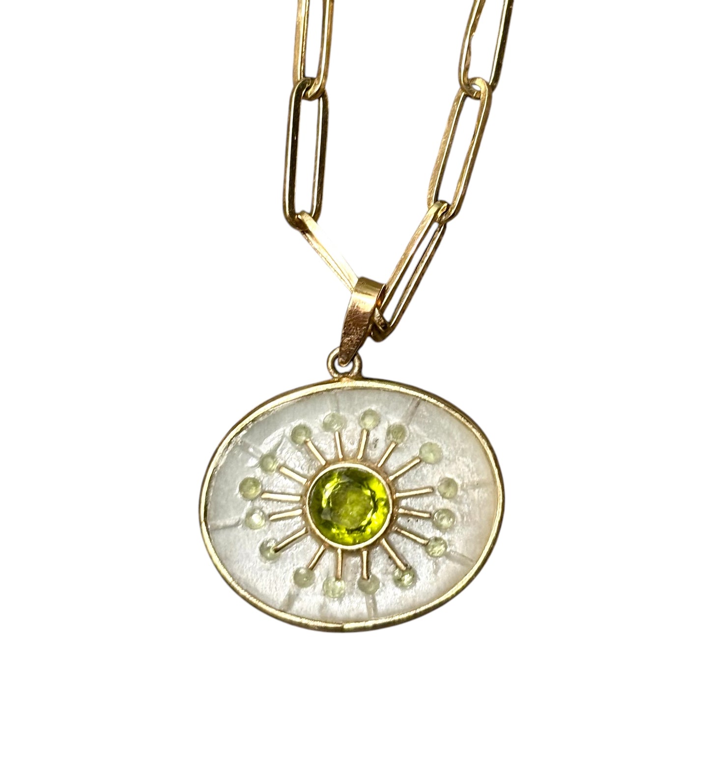 S O L pendant, moonstone & peridot
