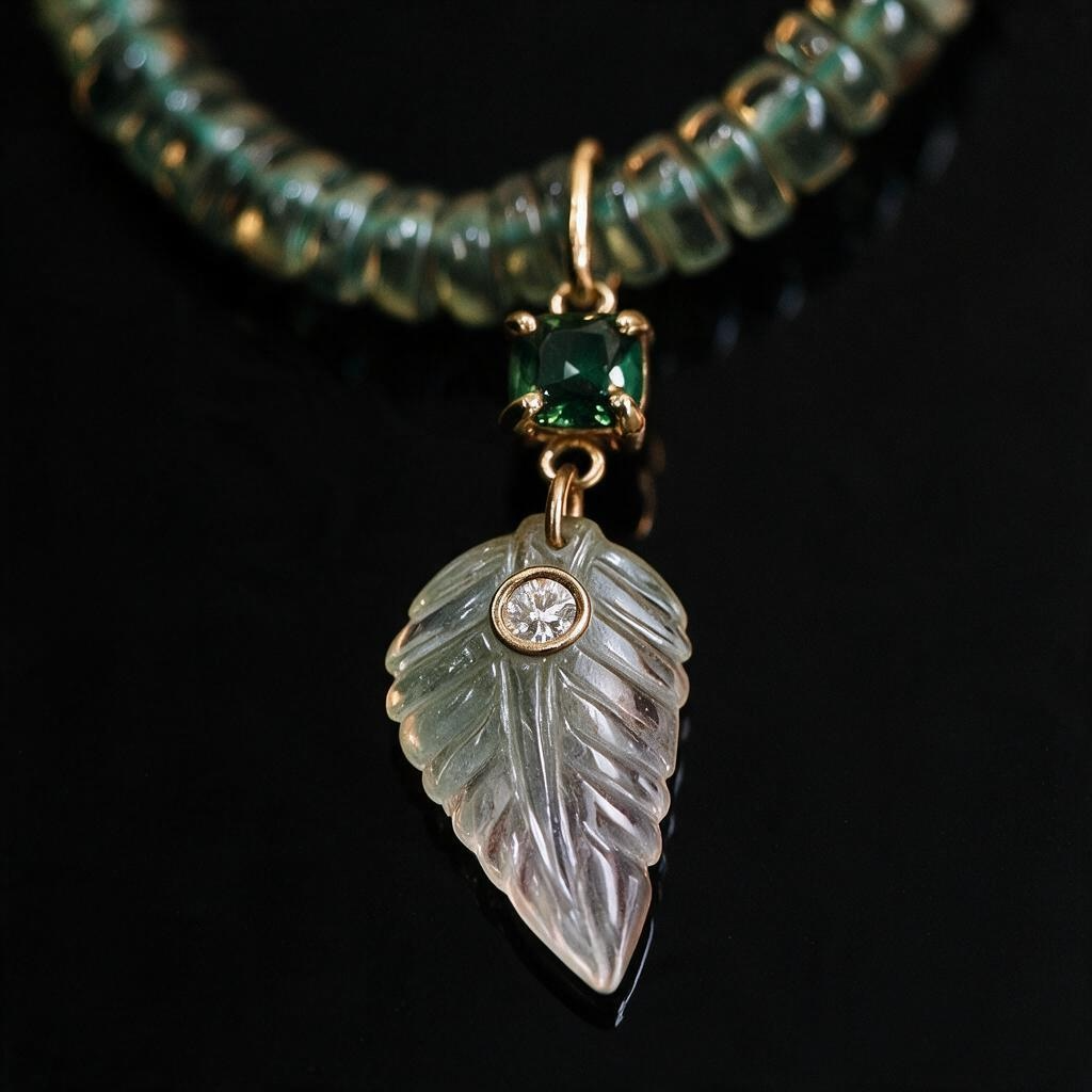 Green Tourmaline Leaf Pendant with Diamond & 14k Gold