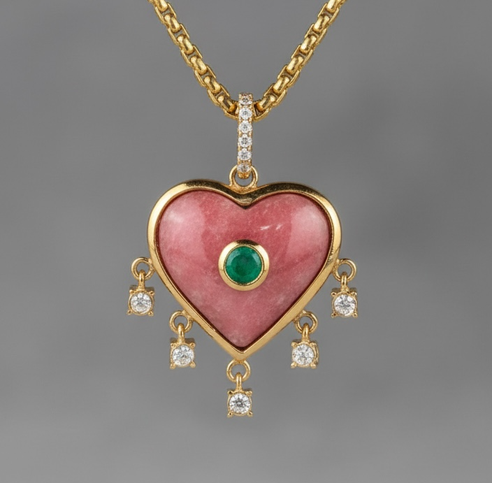 Rhodochrosite Heart with Emerald & Diamonds