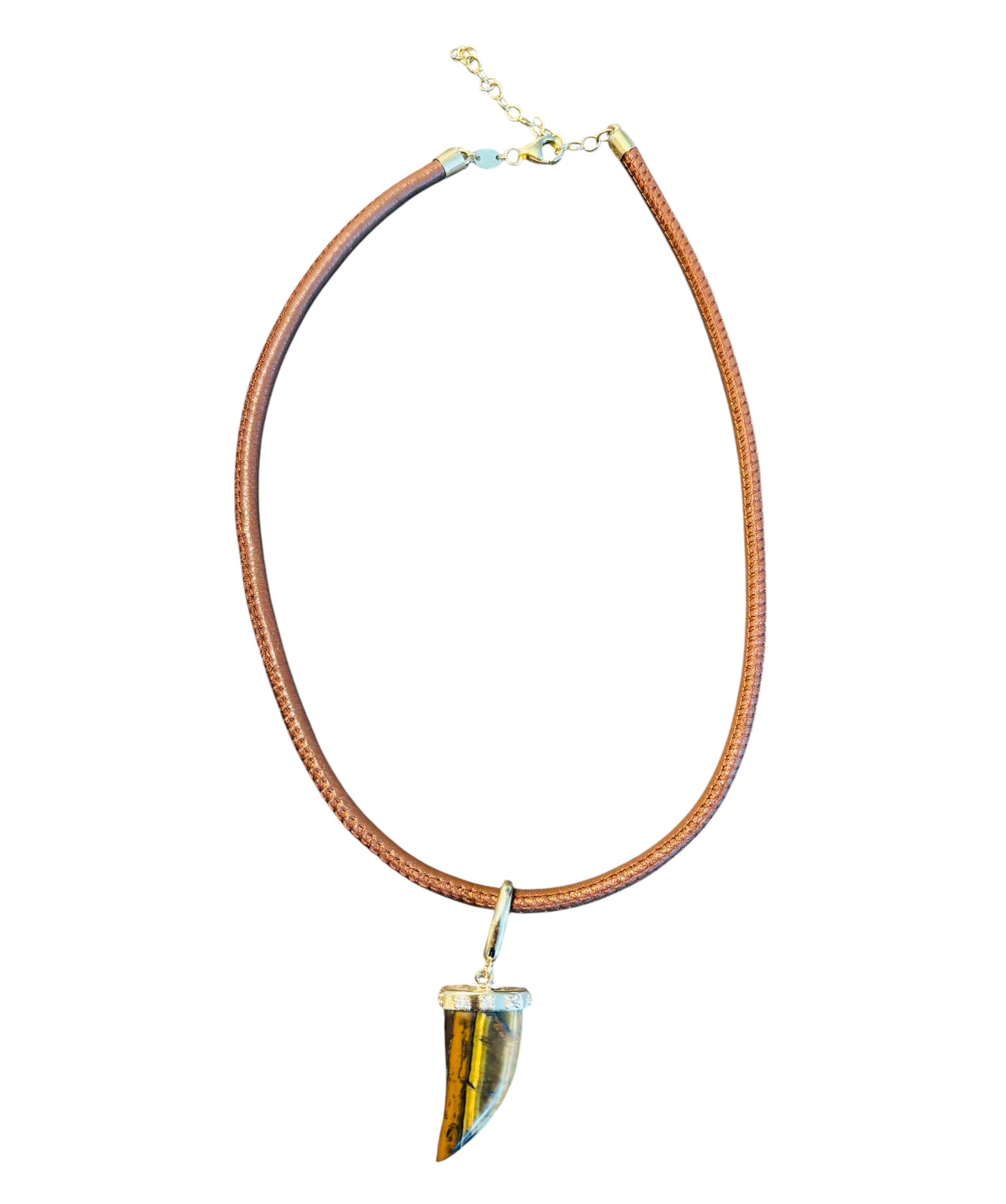 Tiger’s Eye Horn Pendant with Diamonds & 14k Gold