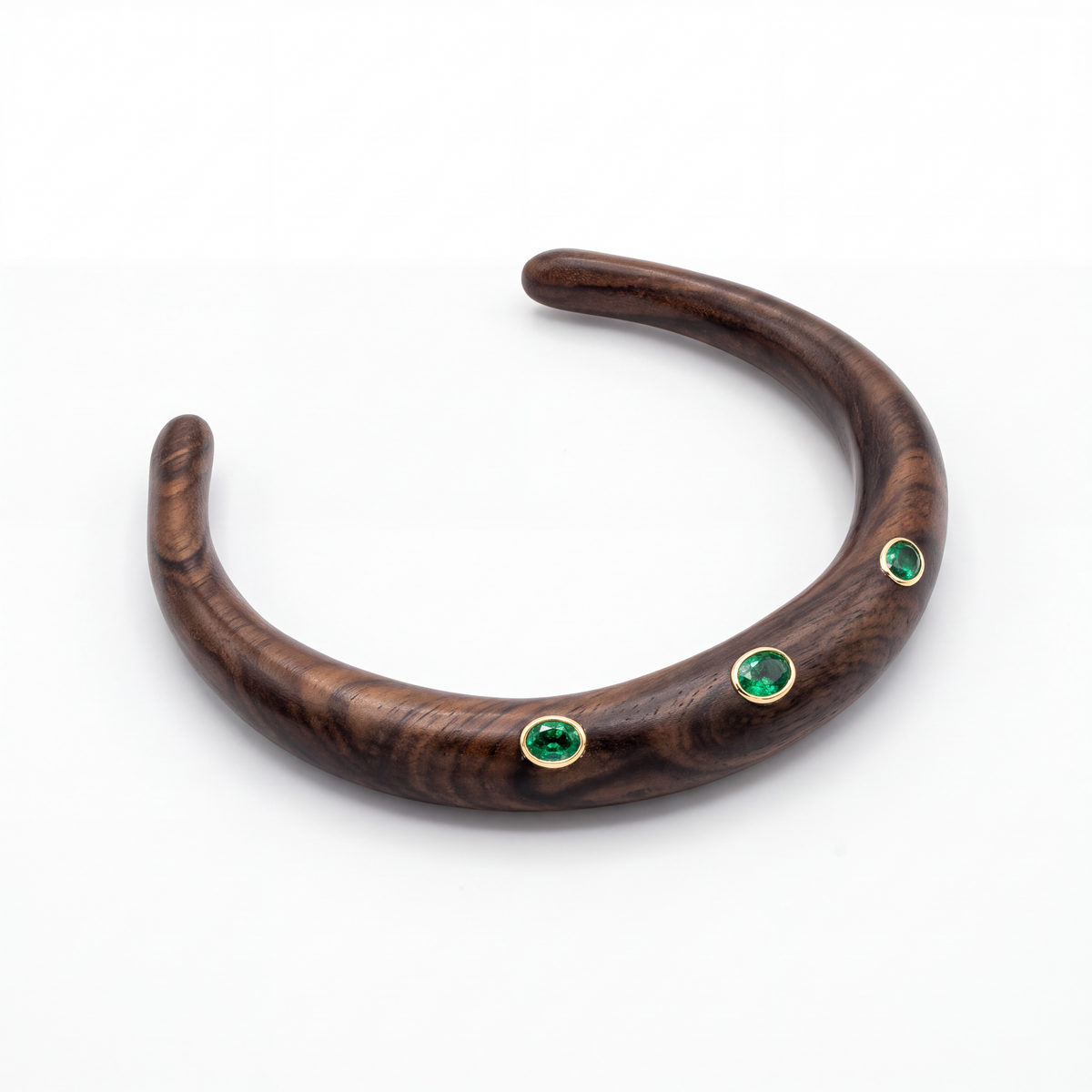 Wood Collar Necklace with Emeralds and 14k Gold