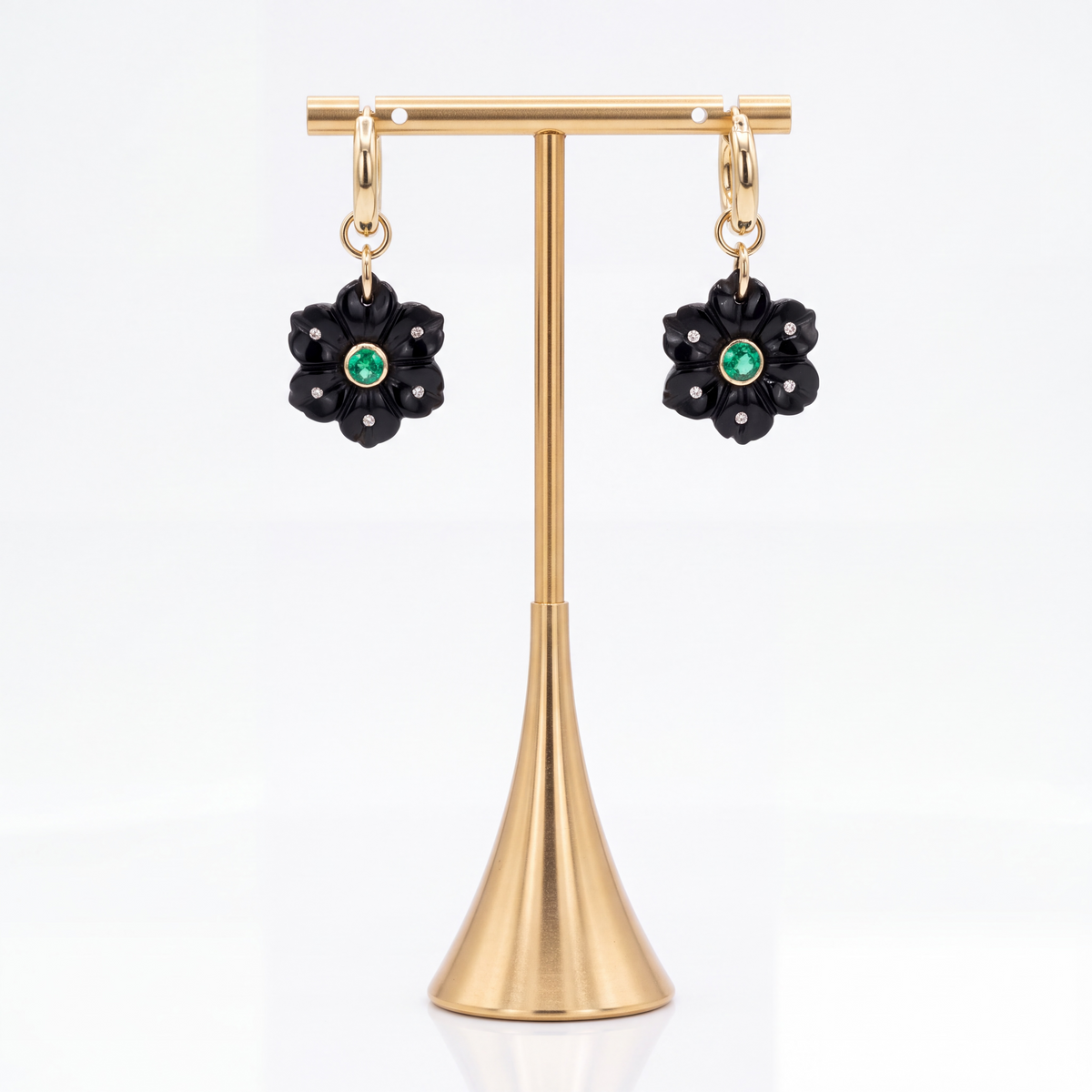 FLORA Earrings, Black Onyx with Emerald, Diamonds & 14k Gold