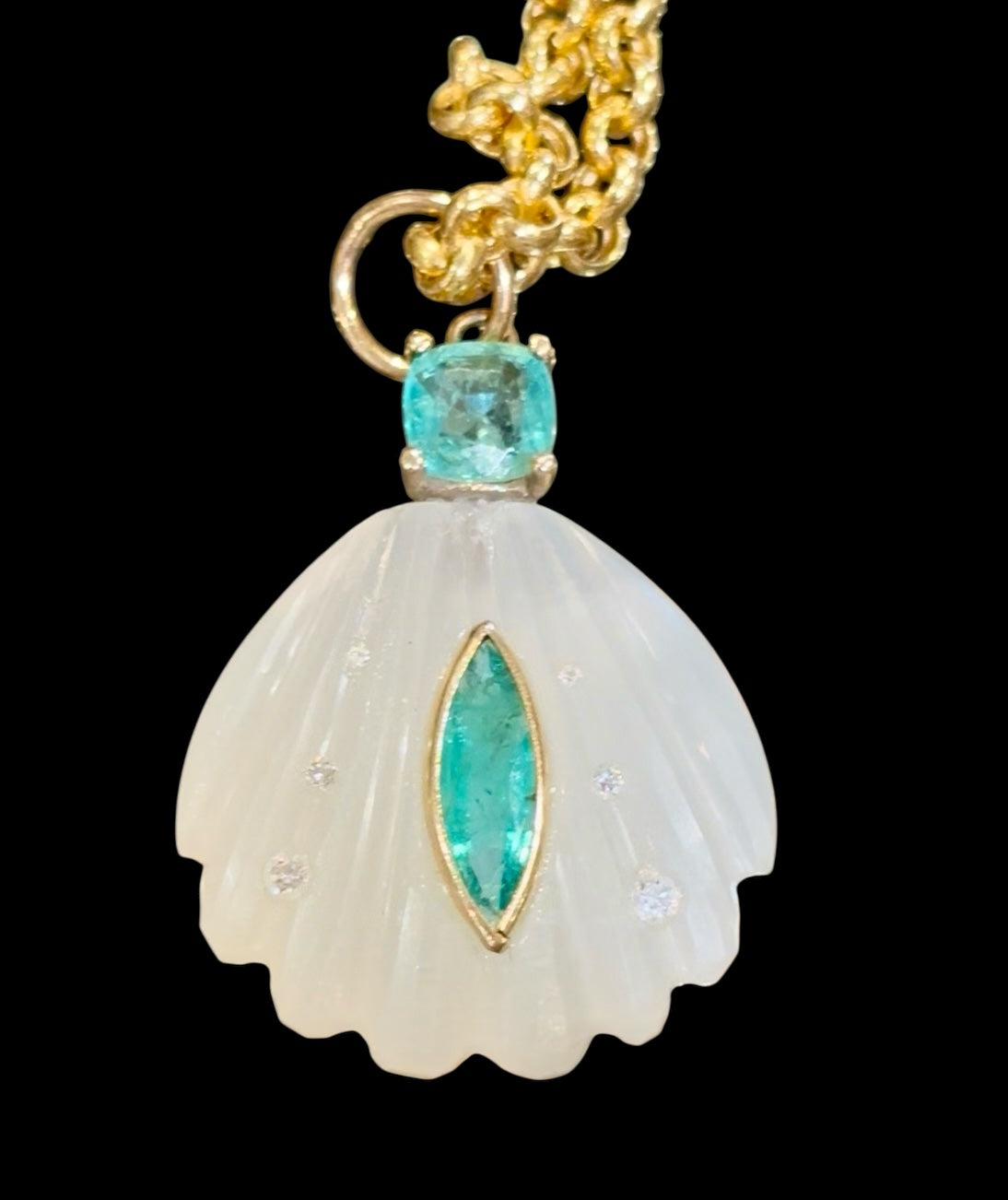 Sea Shell Pendant, Moonstone, Emeralds & Diamonds