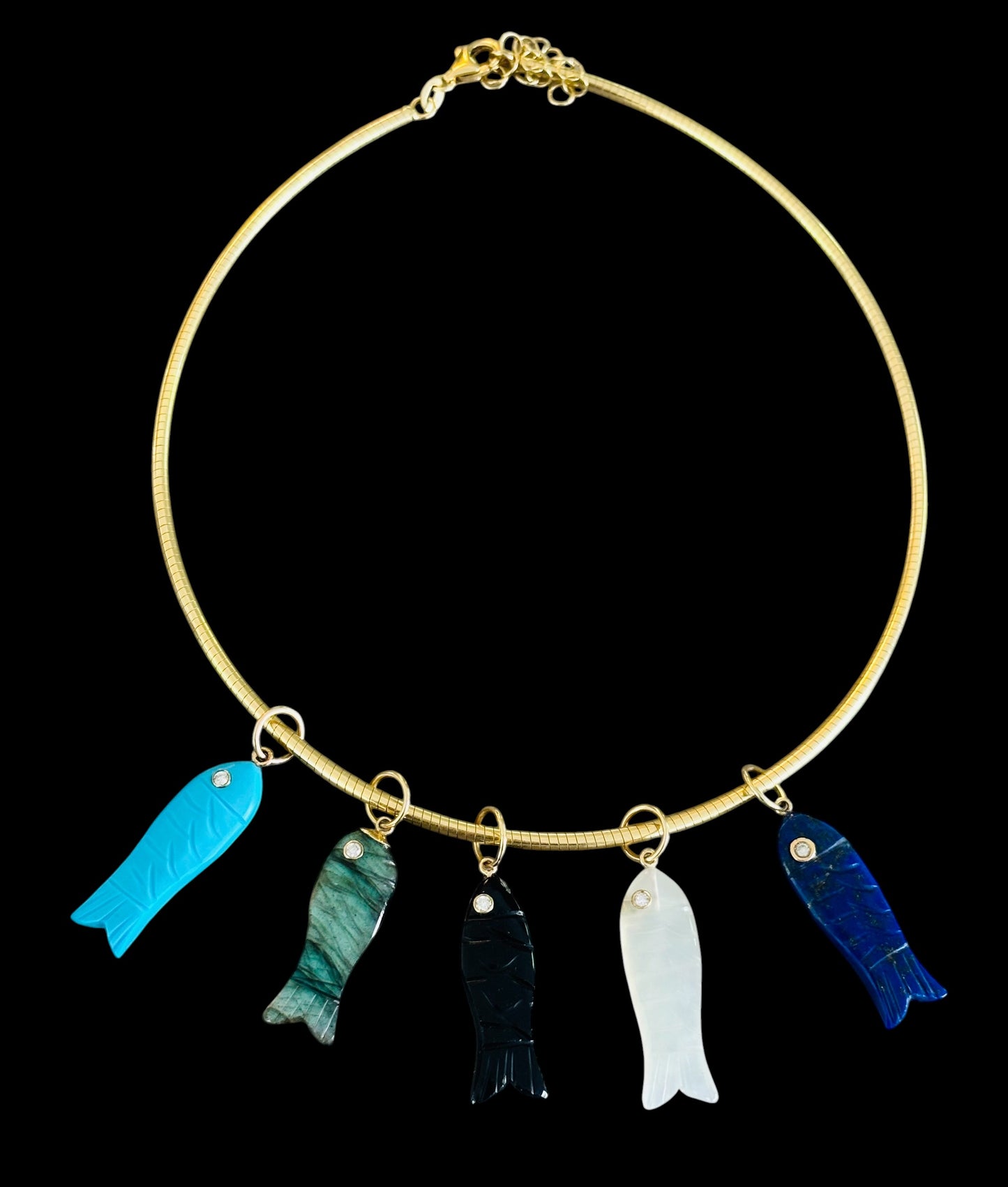 Triple Gem Fish Pendant, Turquoise with Diamond & Pink Sapphire