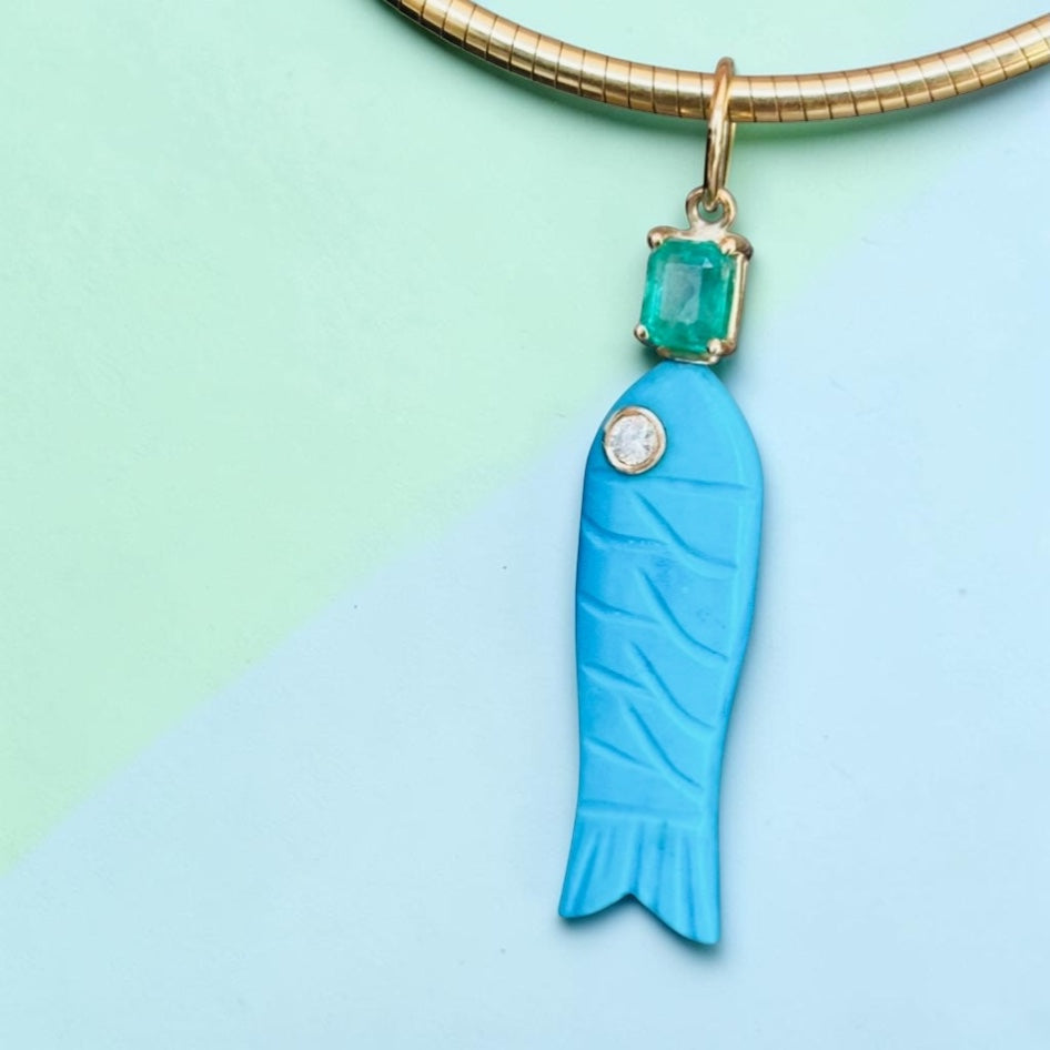Perfect Poisson Turquoise Fish Pendant with Diamond and Emerald