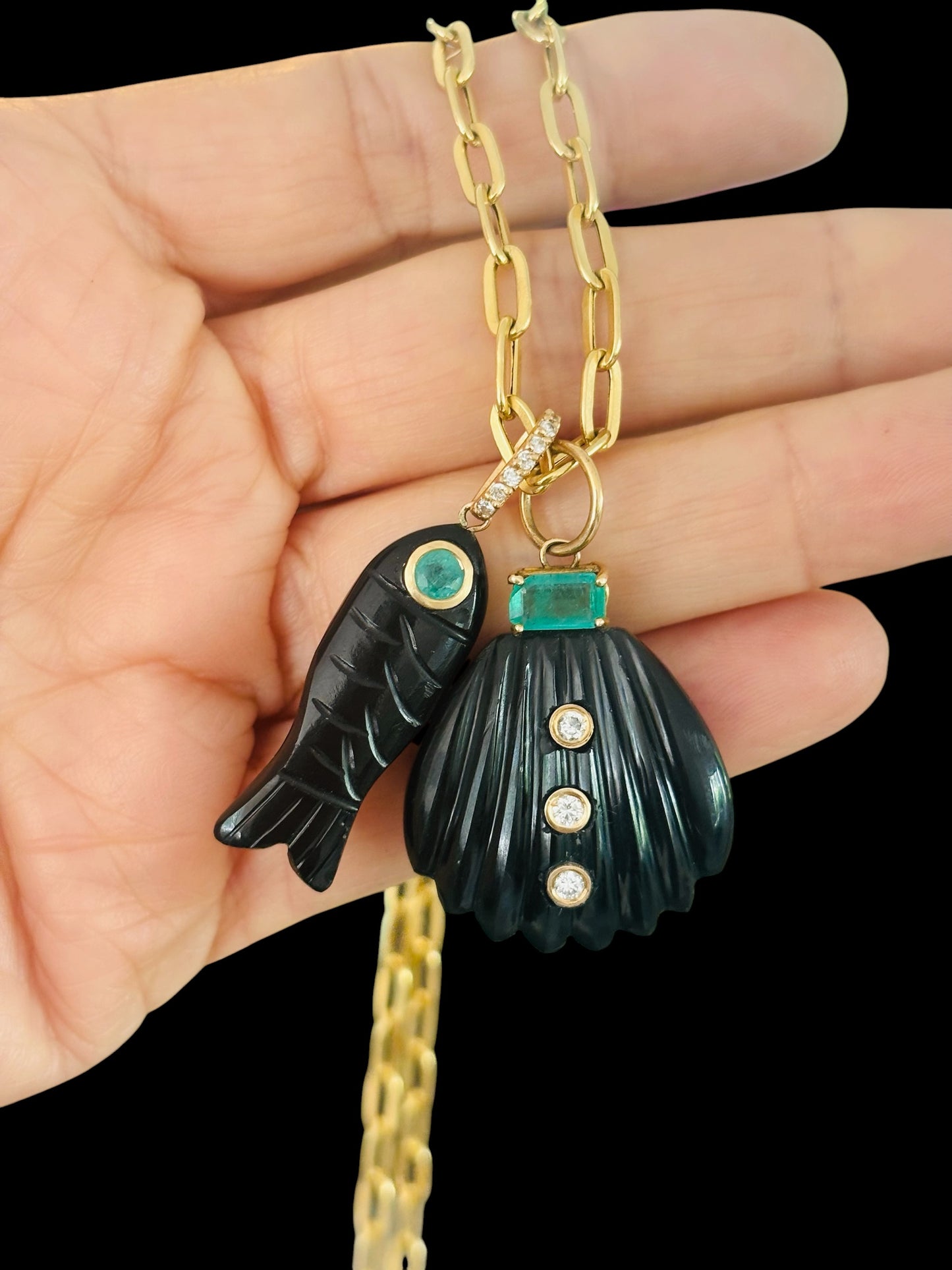 Black Onyx Shell Pendant (large) with Diamonds & Emerald