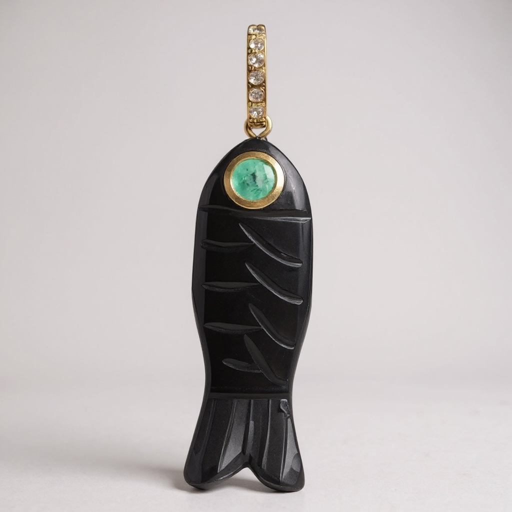Poisson Pendant: Black Onyx with Emerald and Diamonds