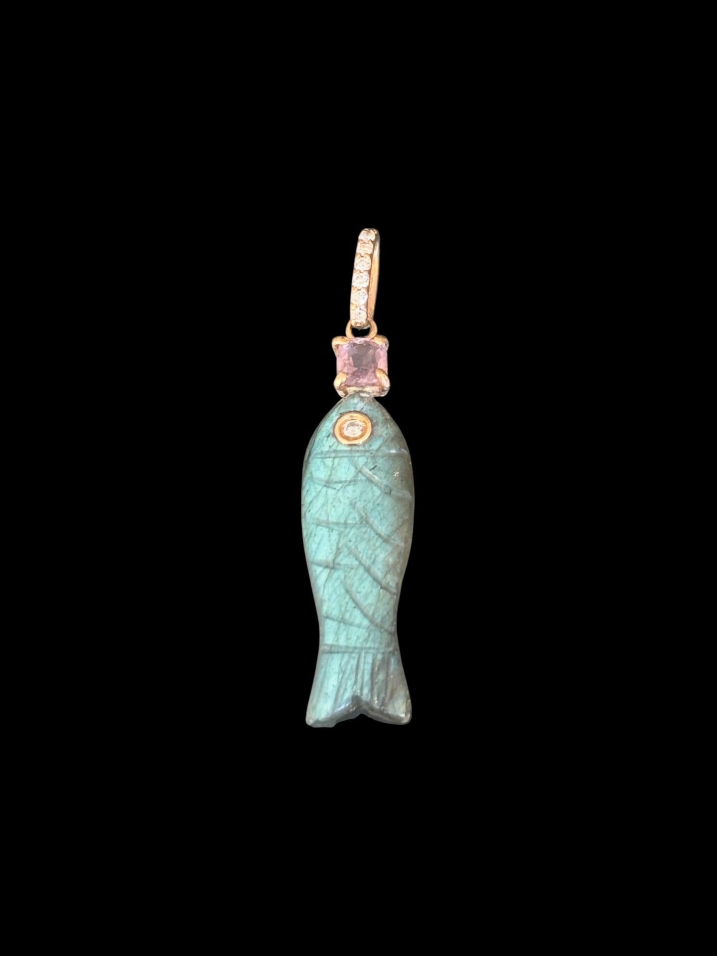 Poisson Pendant: Labradorite Fish with Diamond Eye and Pink Spinel with Diamond Bail