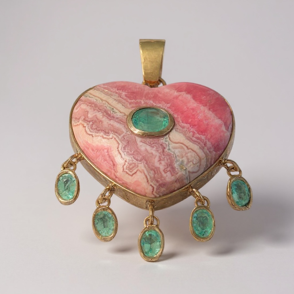 Rhodochrosite Large Heart Pendant with Center Emerald & Dangling Emeralds