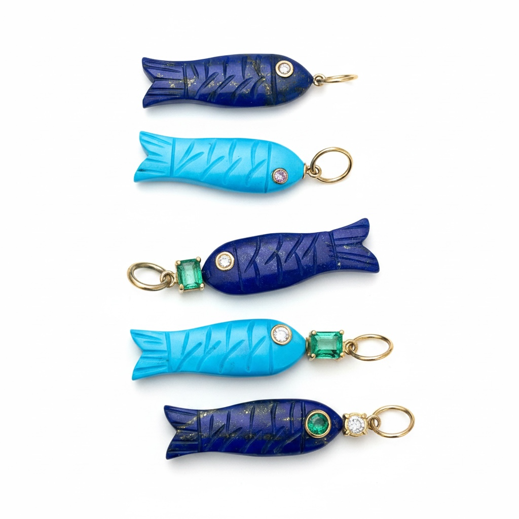 Triple Gem Fish Pendant, Lapis with Diamond and Emerald Eyes