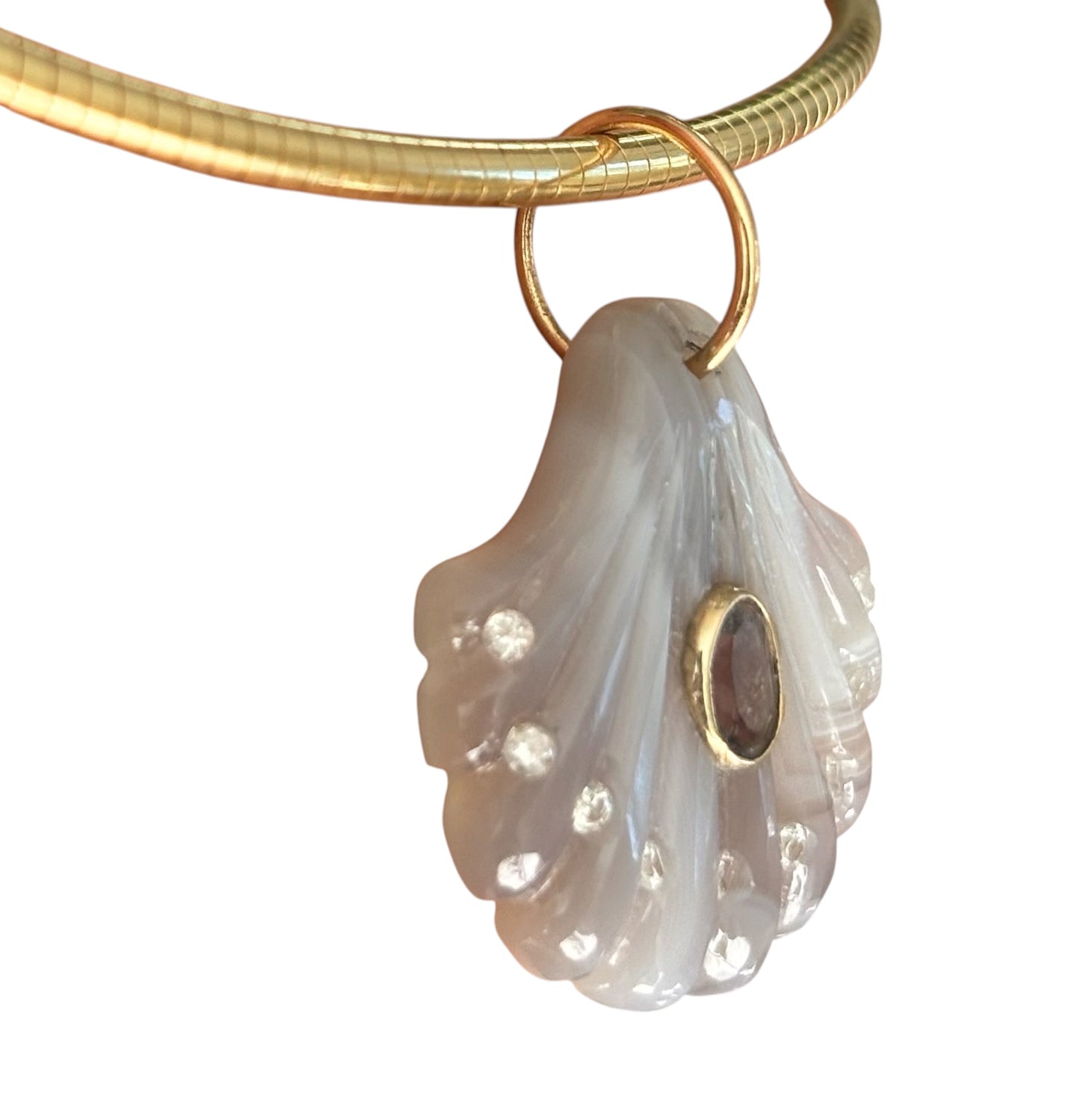 Laguna Agate Shell Pendant with Light Grey Spinel & Diamonds