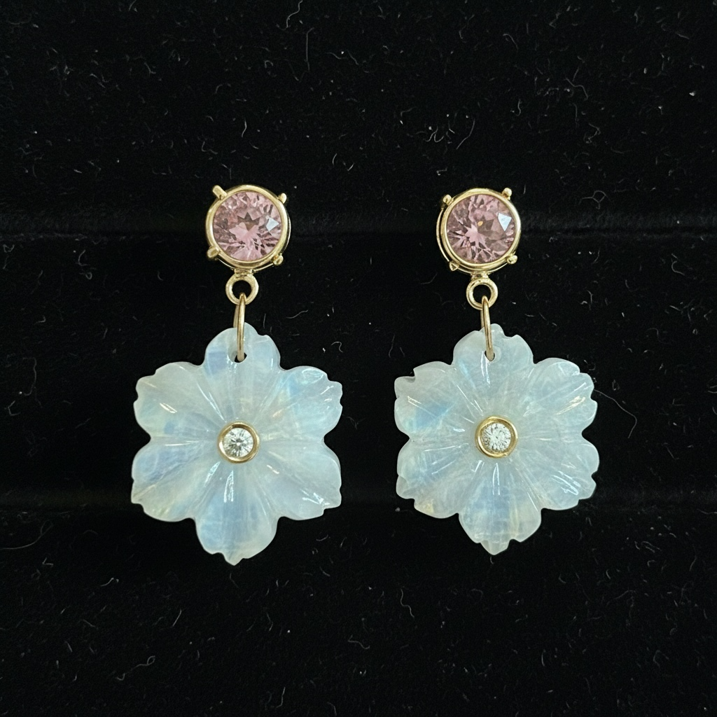FLORA Earrings, Moonstone with Pink Tourmaline & Diamonds