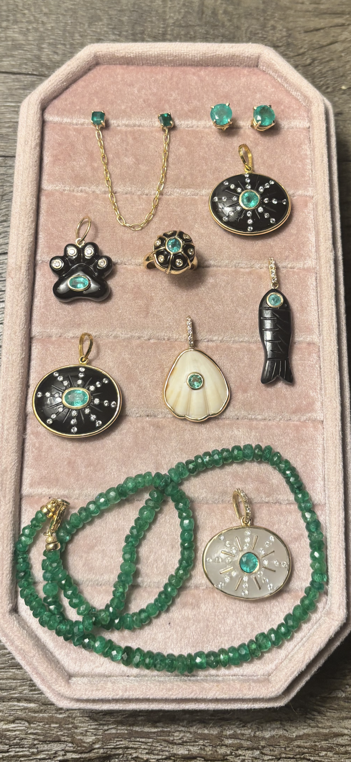 SOL Pendant, Black Onyx with Oval Emerald & Diamond Sunrays