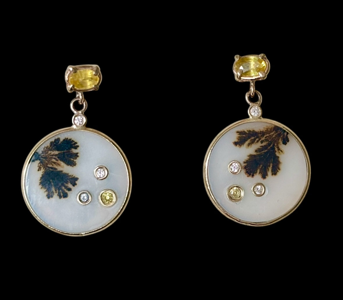 Dendritic Agate Earrings, with Yellow Sapphires and Diamonds