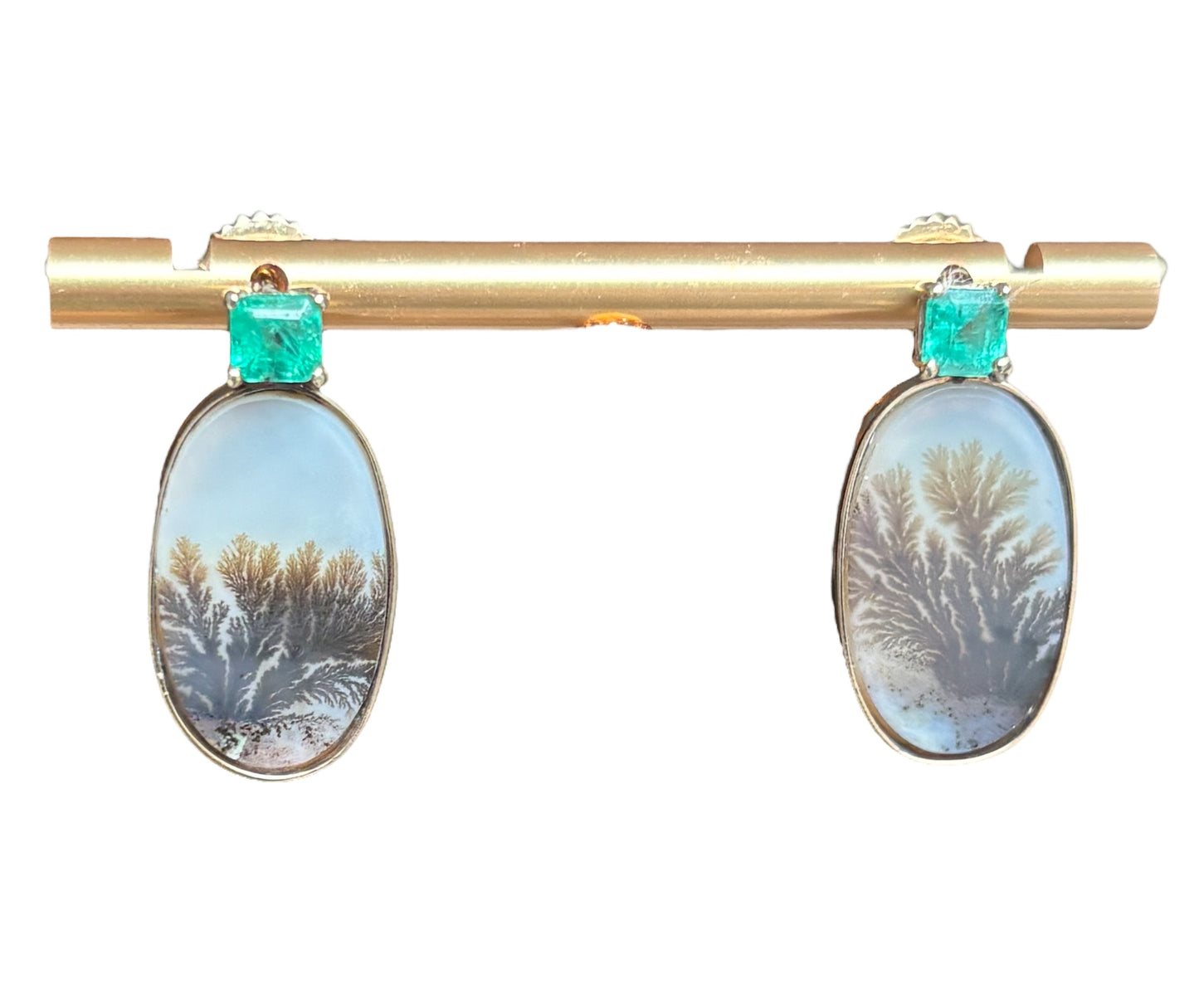 Dendritic Agate Earrings with Emeralds