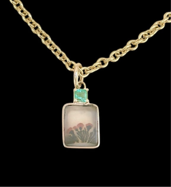 Dendritic Agate Pendant with Emerald & 14k Gold