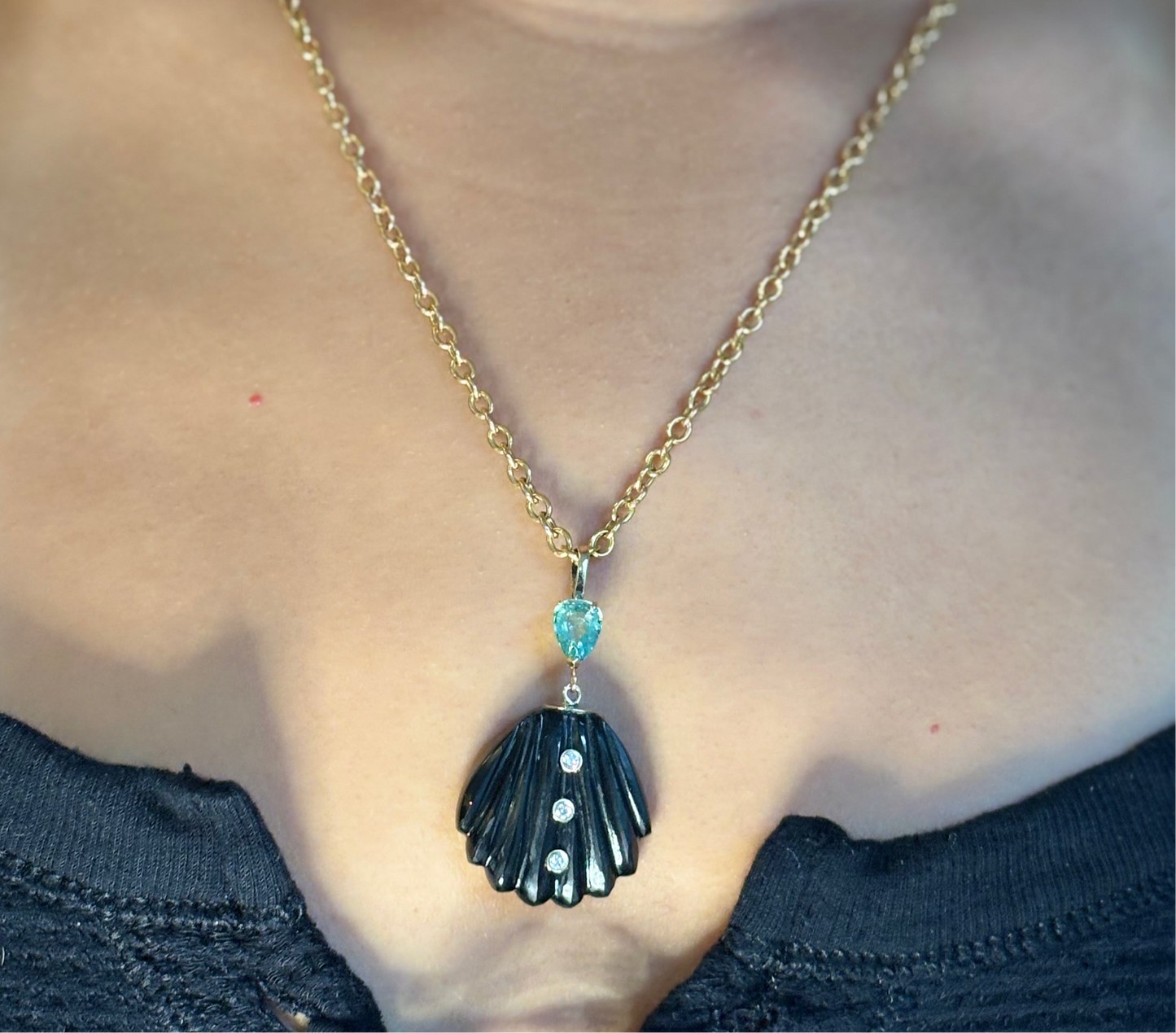 Carved Shell Pendant, Black Onyx, Diamonds & Emerald