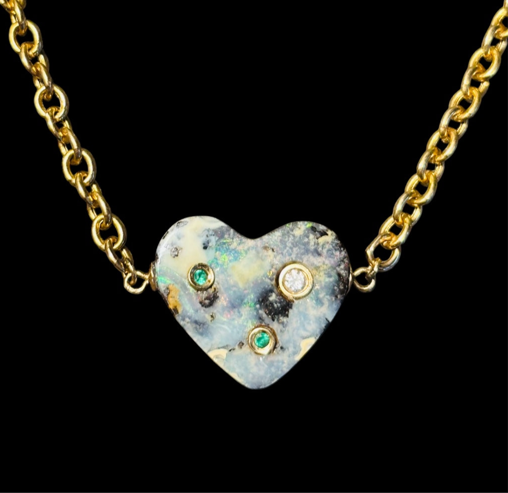 Australian Opal Heart Necklace with Diamond & Emeralds