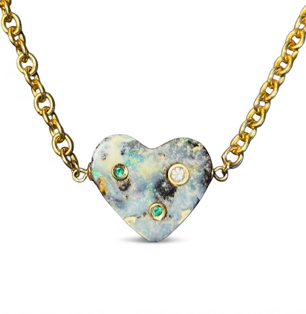 Australian Opal Heart Necklace with Diamond & Emeralds