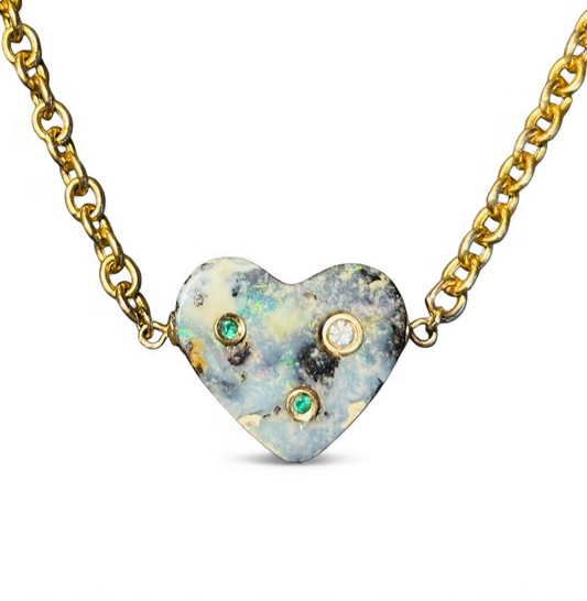 Australian Opal Heart Necklace with Diamond & Emeralds