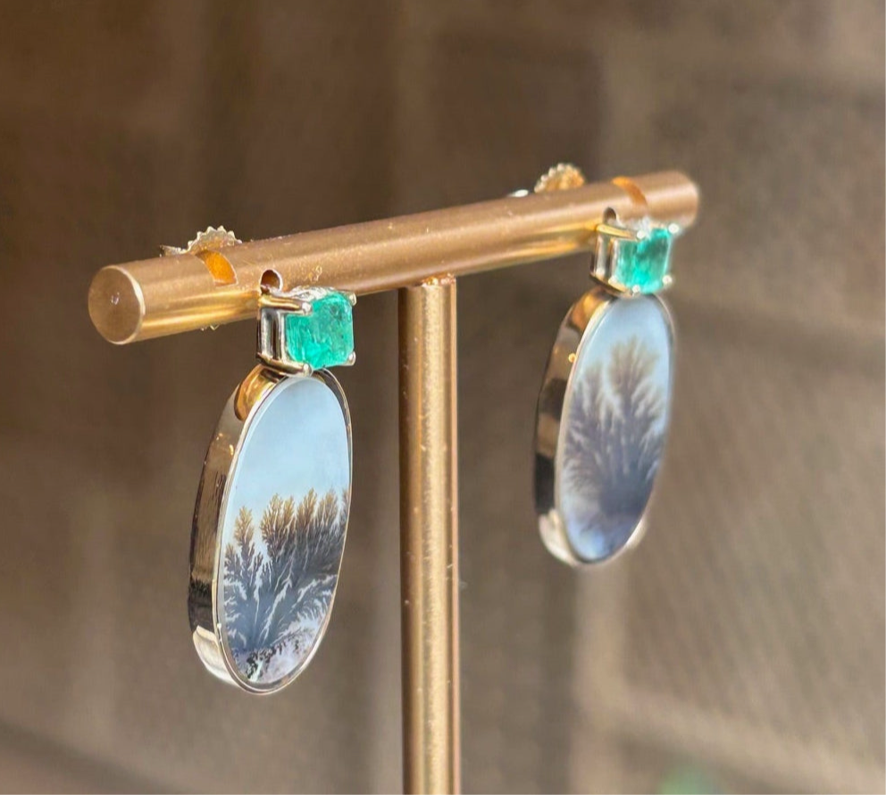 Dendritic Agate Earrings with Emeralds