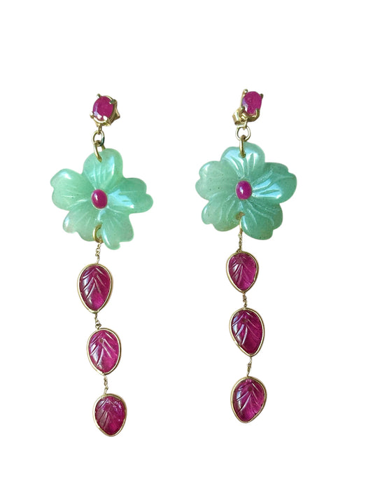FLORA Earrings, Green Aventurine & Rubies