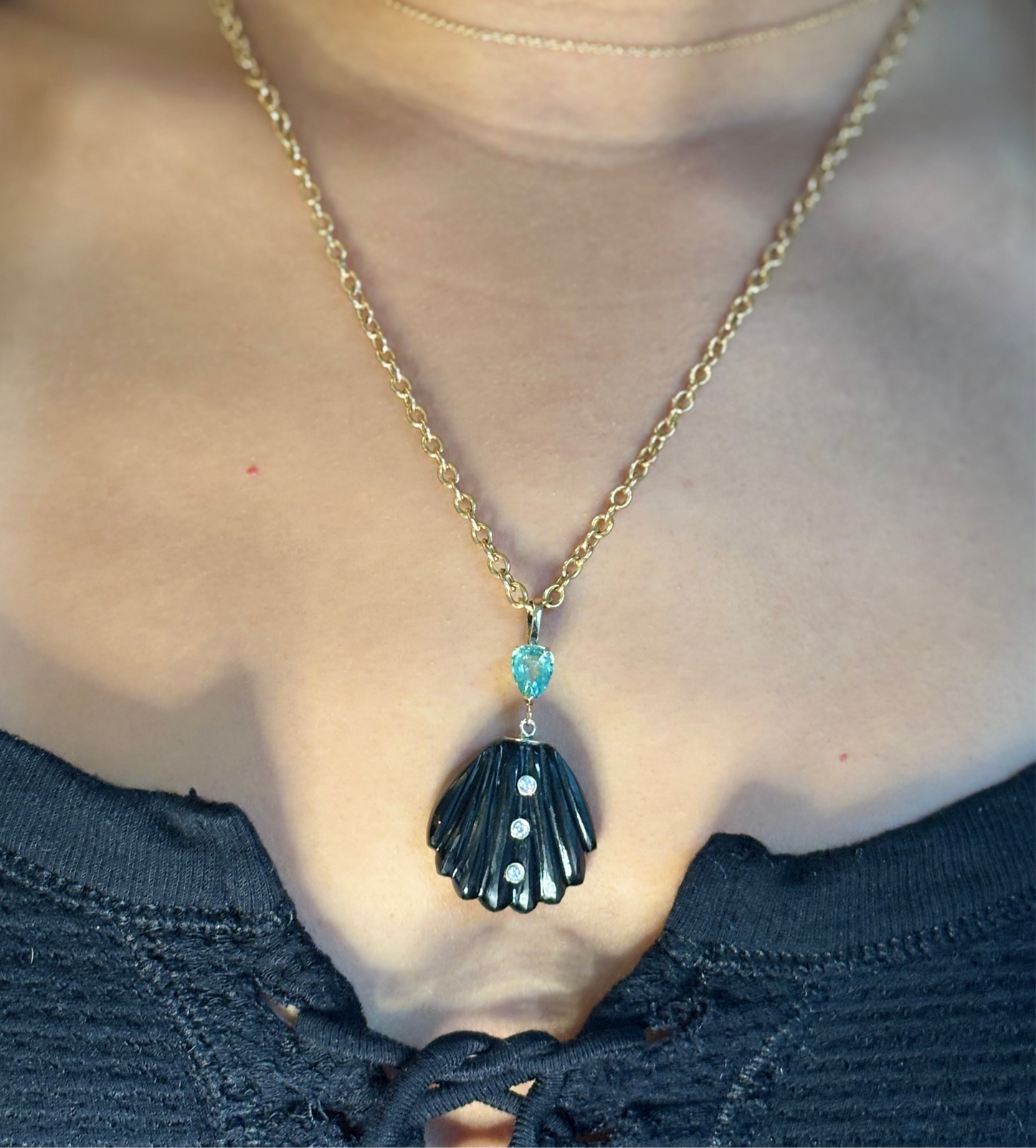 Carved Shell Pendant, Black Onyx, Diamonds & Emerald