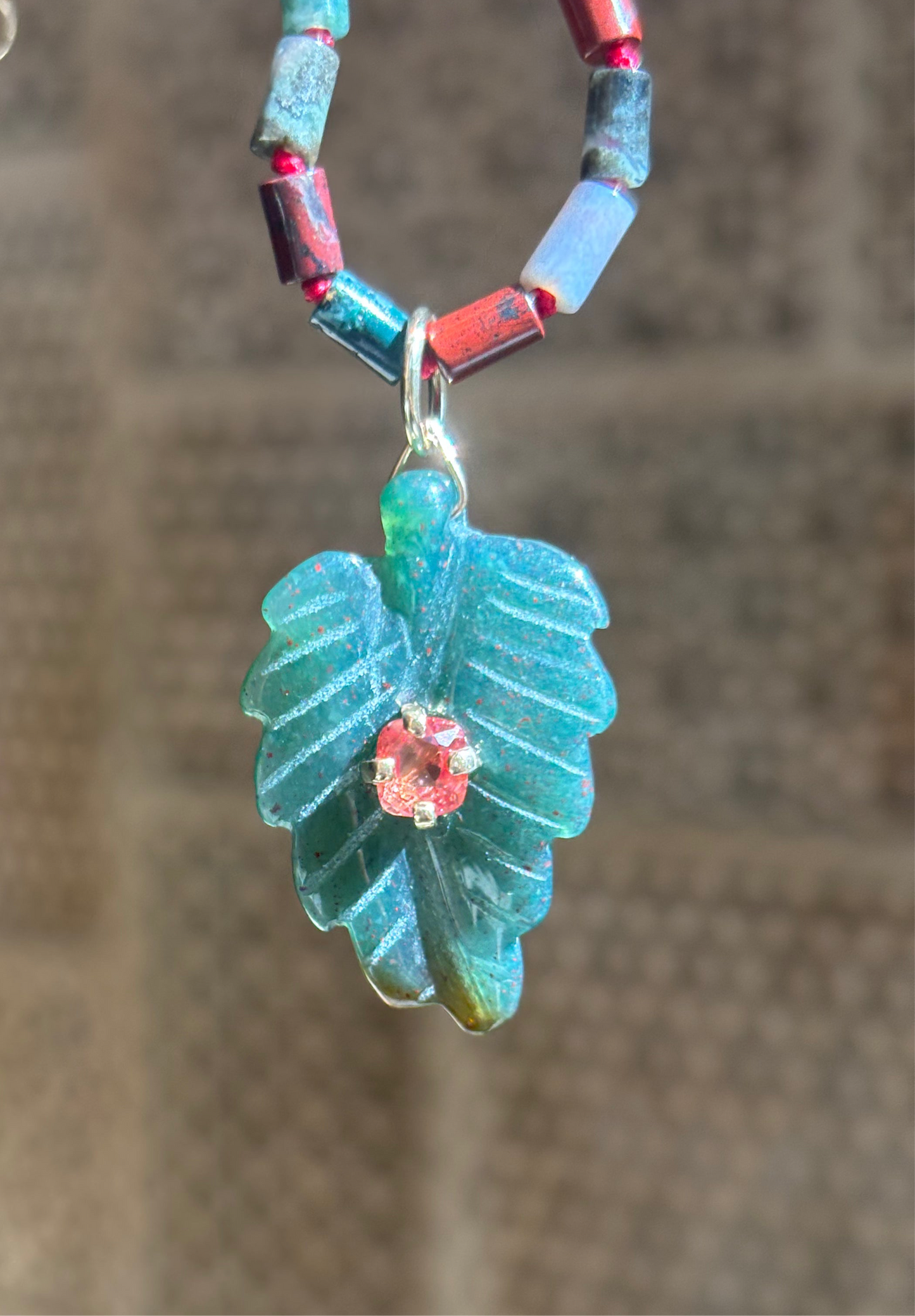 Indian Agate Leaf Pendant with Spinel