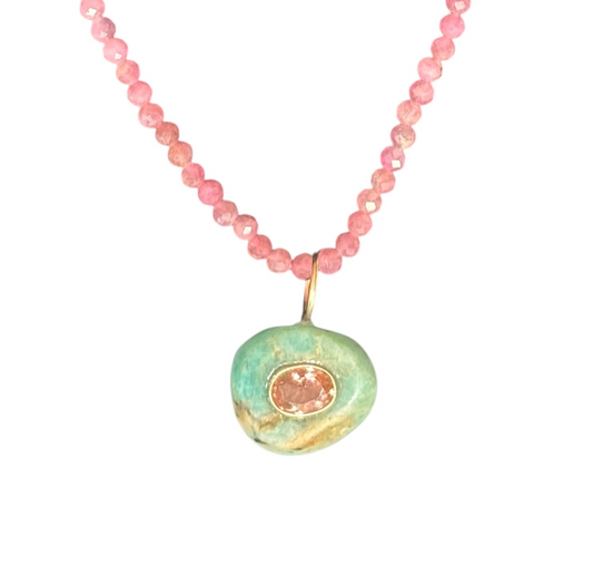 Ancient Amazonite Pendant with pink tourmaline/emerald on a pink tourmline necklace