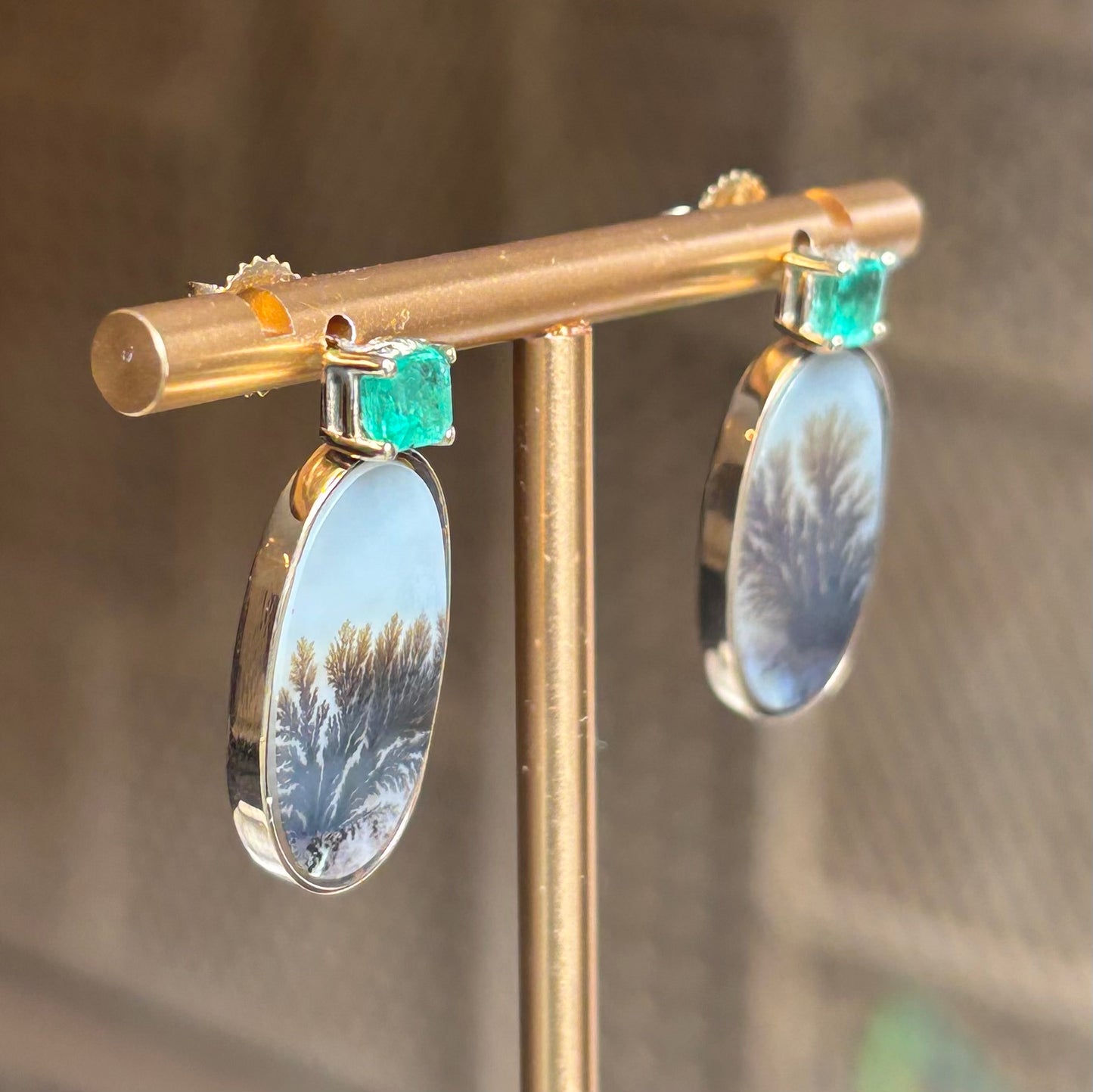 Dendritic Agate Earrings with Emeralds