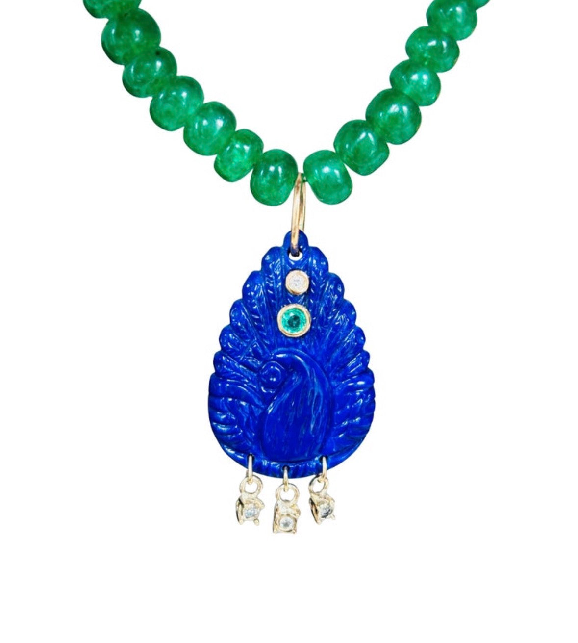 Lapis Peacock Pendant with Emerald and Diamonds