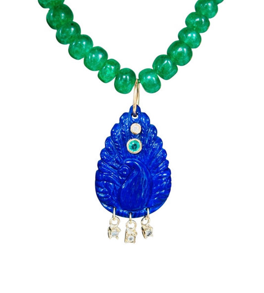 Lapis Peacock Pendant with Emerald and Diamonds