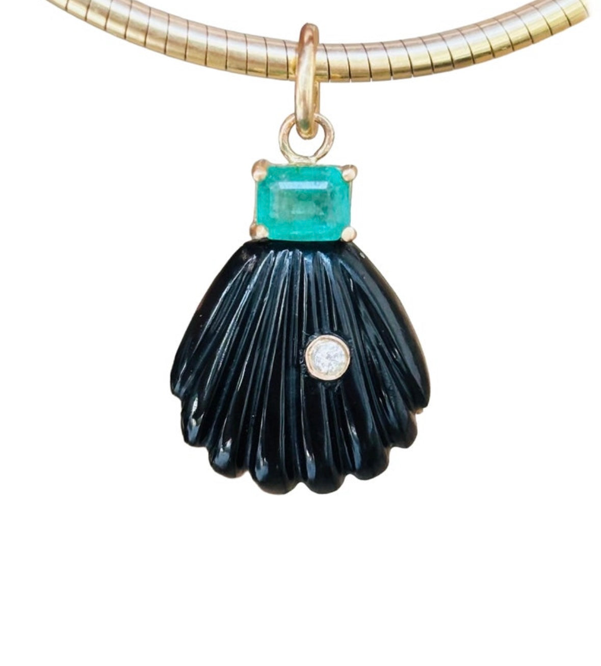 Black Onyx Shell Pendant with Diamond & Emerald