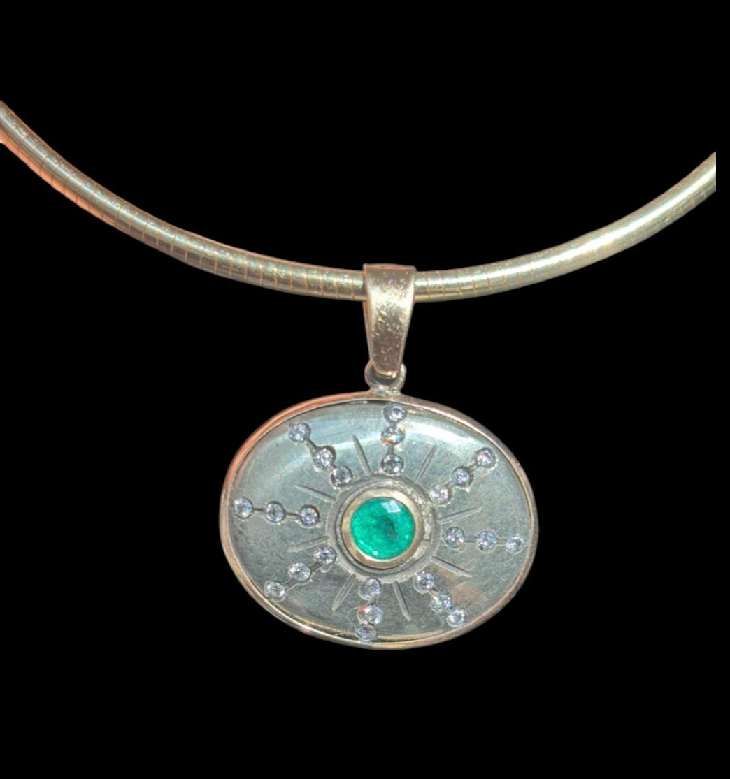 SOL Pendant, Pyrite with Emerald & Diamonds