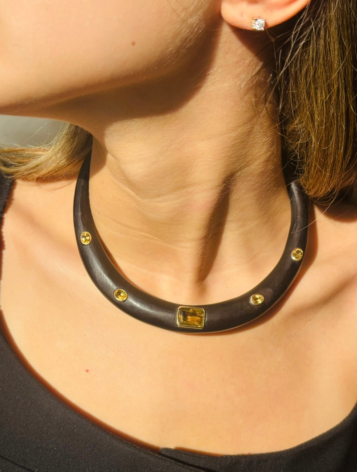 Wood Collar Necklace with Gold Bezeled Citrines, 14k
