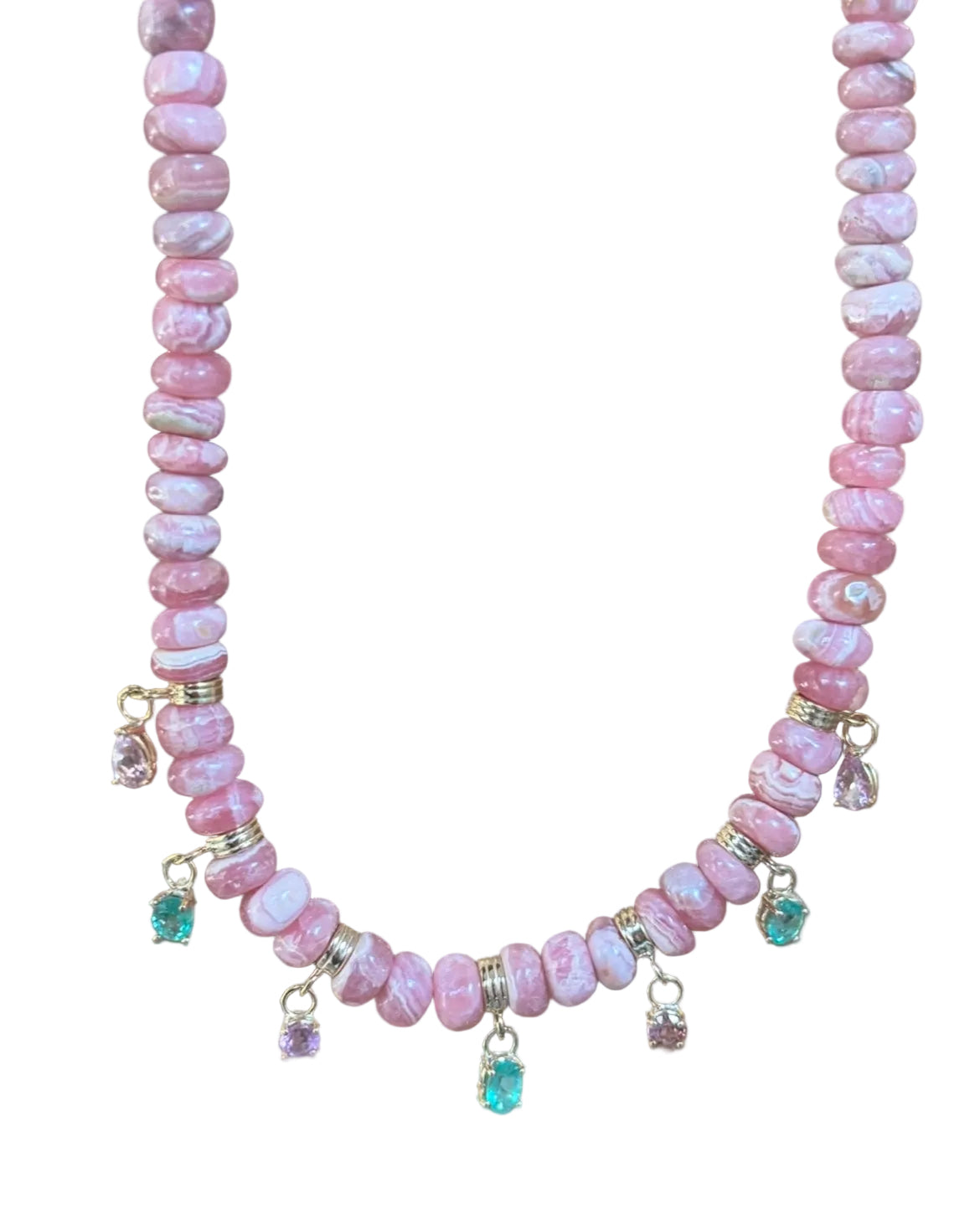 Rhodochrosite Fringe Necklace with Emeralds & Pink Spinel