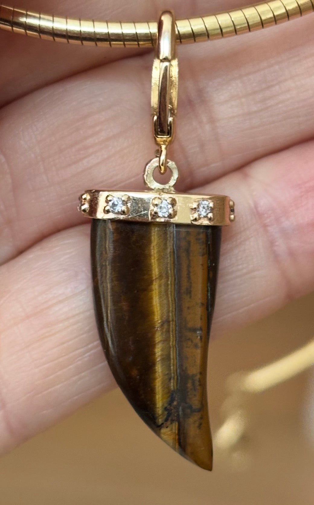 Tiger’s Eye Horn Pendant with Diamonds & 14k Gold