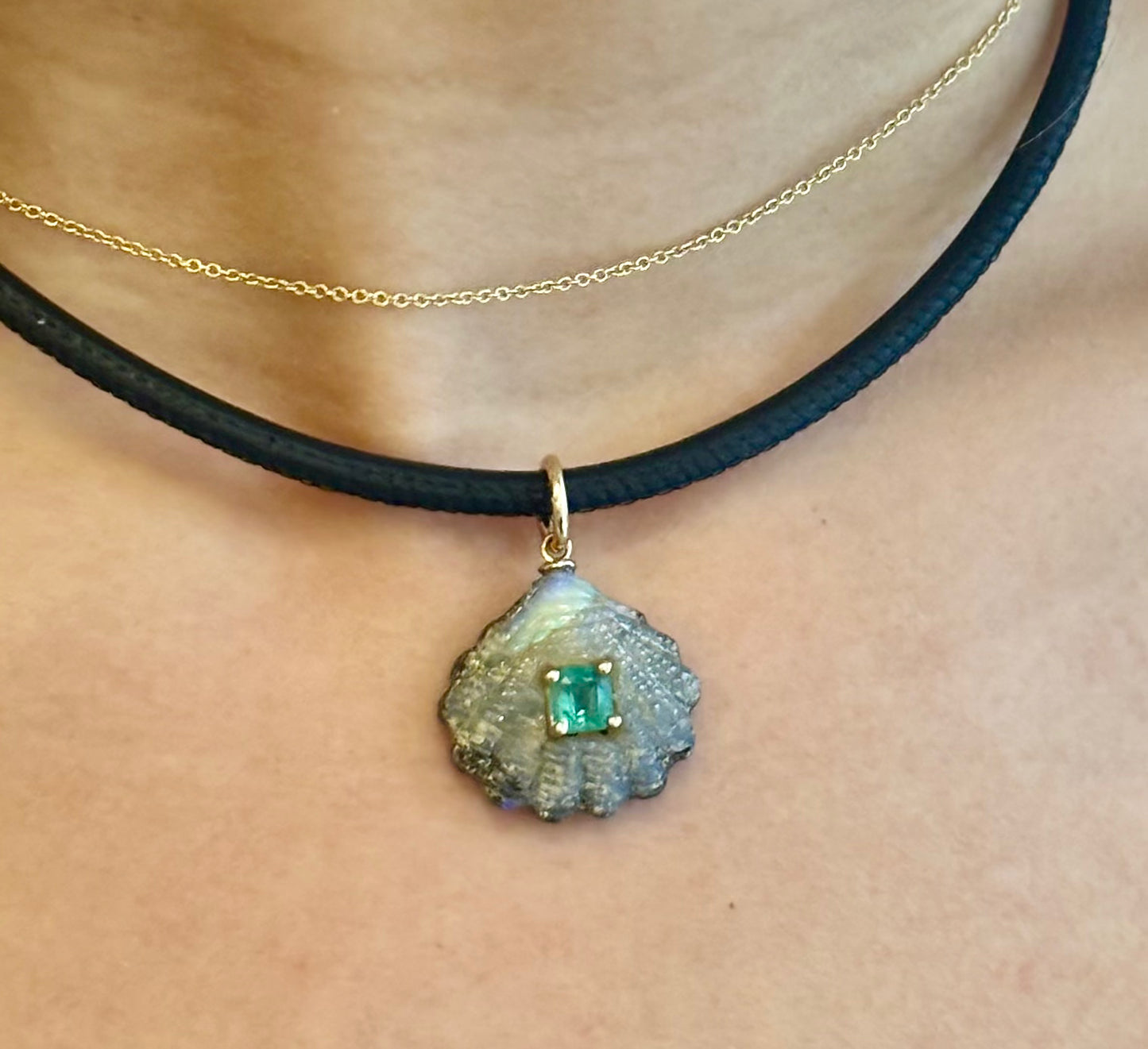 Black Leather and 14k Gold Cord Necklace