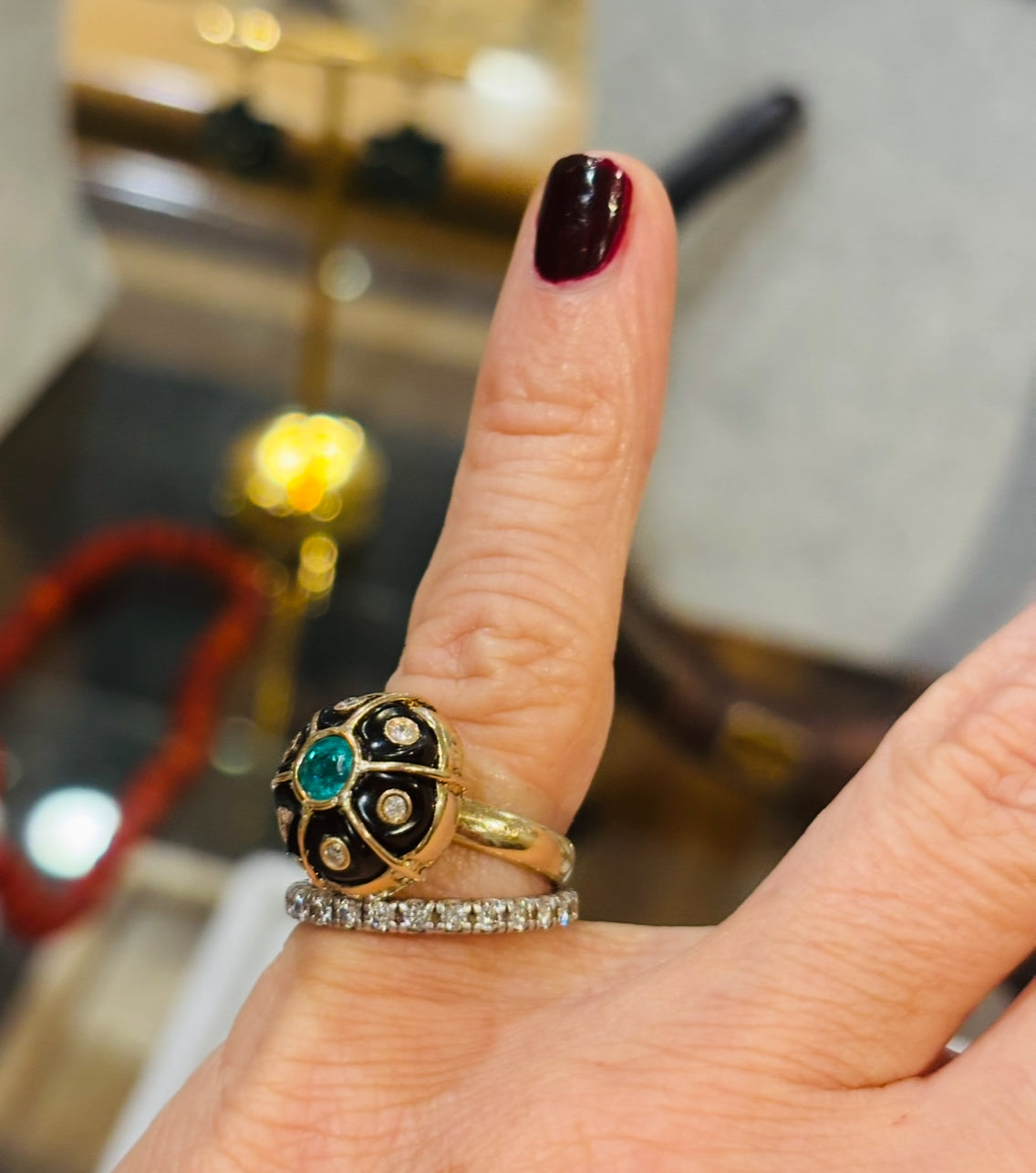 FLORA Ring: Black Onyx, Emerald & Diamonds