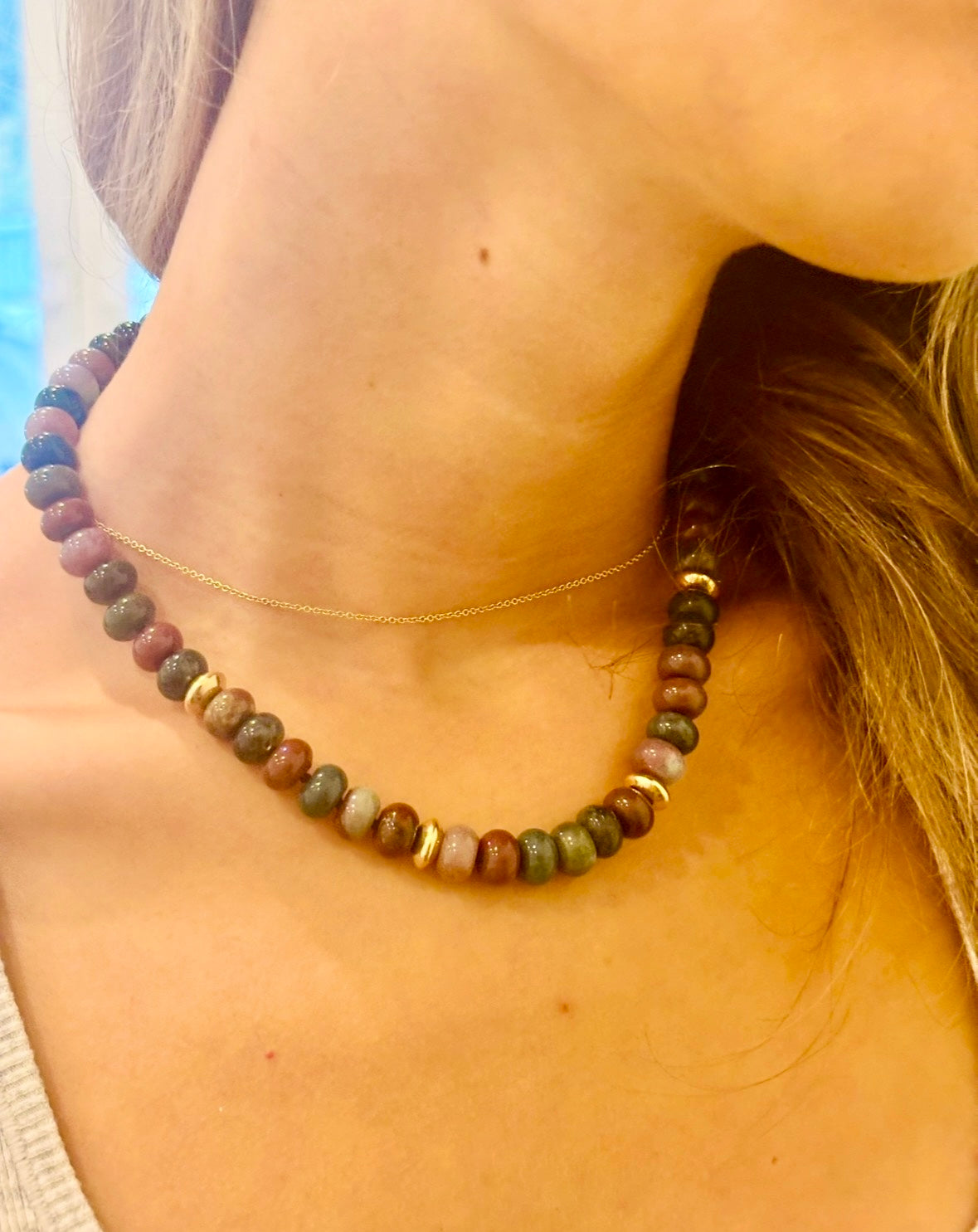 Indian Agate & 14k Gold Rondelle Beaded Necklace