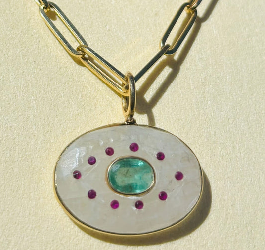 Evil Eye Pendant, moonstone, emerald & rubies