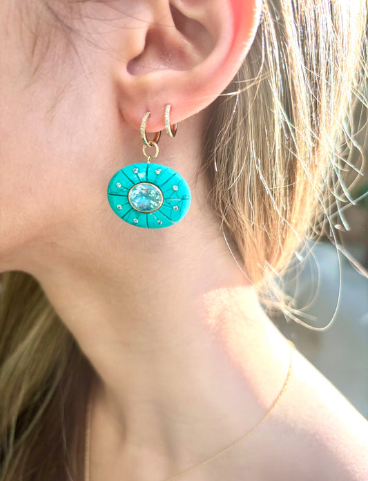 SOL Earrings, turquoise, blue topaz, diamonds