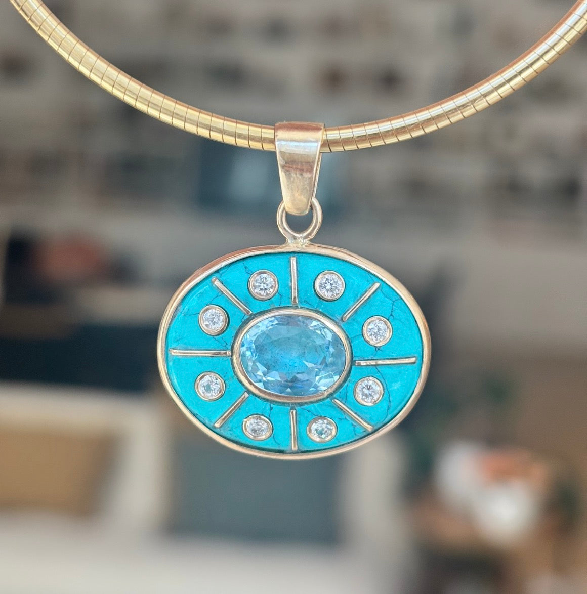 SOL Pendant, Turquoise with Sky Blue Topaz and Diamonds