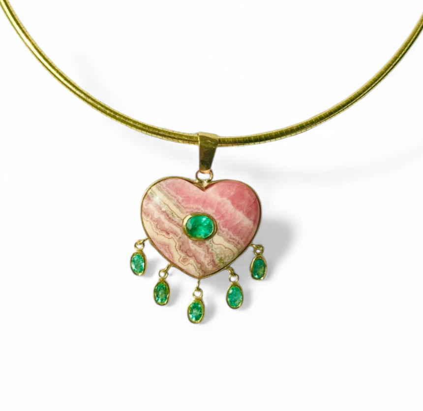 Rhodochrosite Large Heart Pendant with Center & Dangling Emeralds