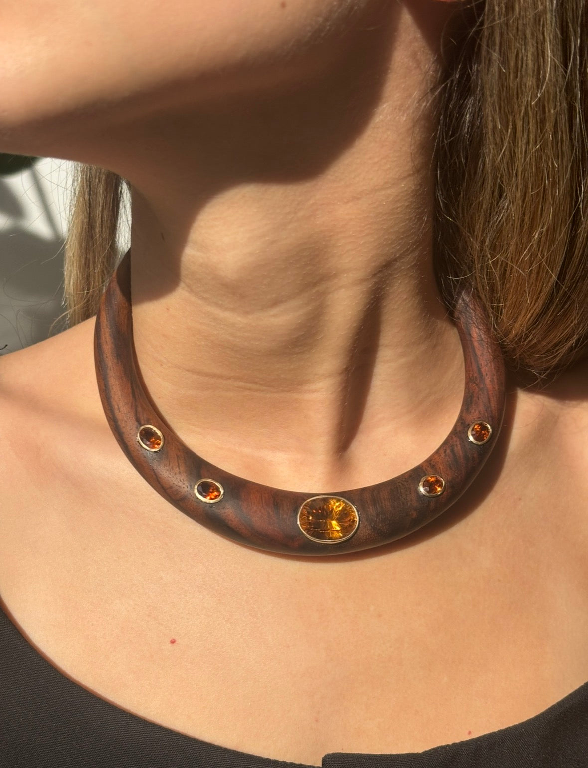 Wood Collar Necklace with Madeira Citrines