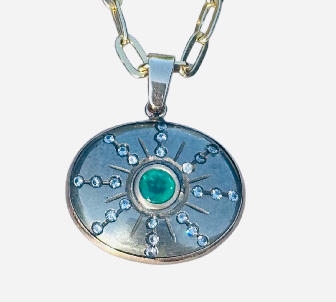 SOL Pendant, Pyrite, Emerald & Diamonds